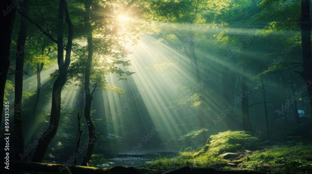Obraz premium Bright sunbeams creating a magical atmosphere in a dense green forest