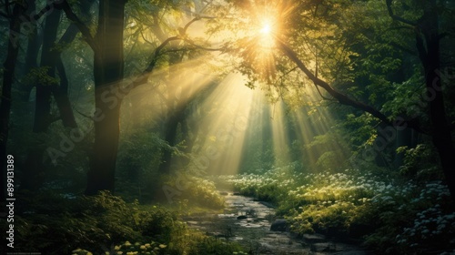 Bright sunbeams creating a magical atmosphere in a dense green forest © Prapan