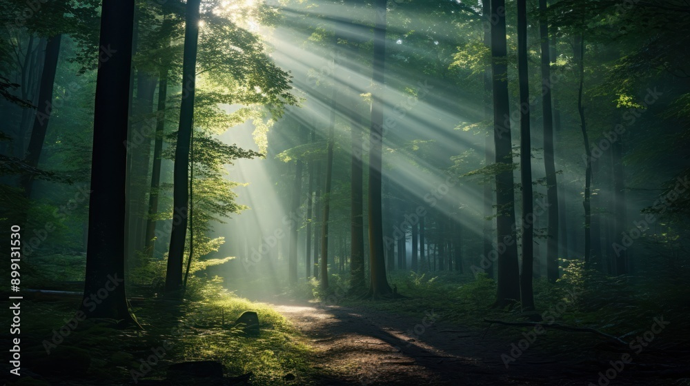 Obraz premium Bright sunbeams creating a magical atmosphere in a dense green forest