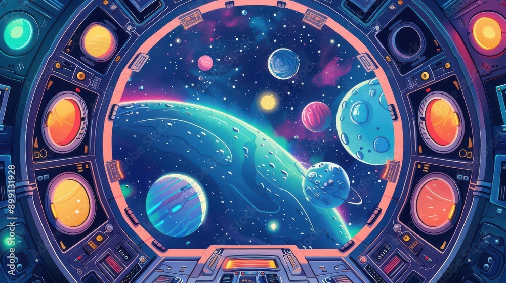Obraz premium Otherworldly portal flat design, top view, cosmic dimension theme, cartoon drawing, vivid
