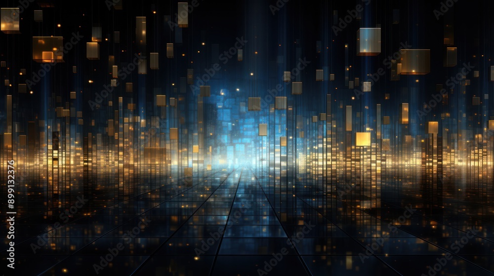 Naklejka premium Elegant backdrop of abstract lights in shades of blue, gold, and black, perfect for modern designs and presentations.