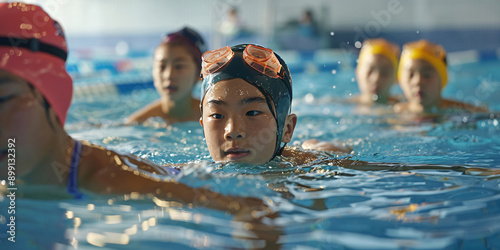 A group of Asian young swimmers in an indoor pool during a swimming lesson.