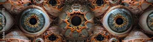 abstract kaleidoscope of eerie eyeballs peering out of the darkness photo