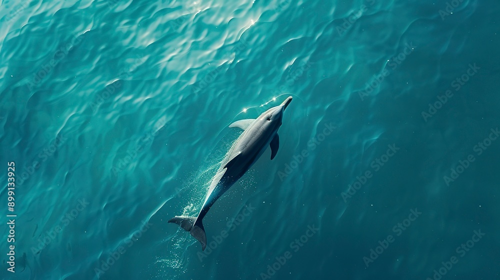 Naklejka premium Aerial view of alone Bottlenose dolphin in blue sea. Aquatic animal in Black sea 