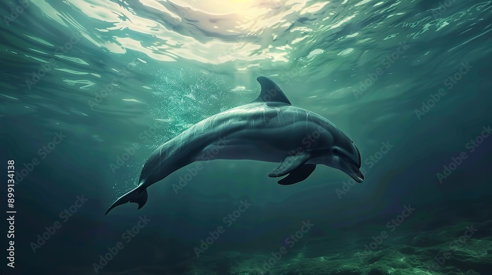 Fototapeta premium A dolphin is swimming underwater in a deep ocean 