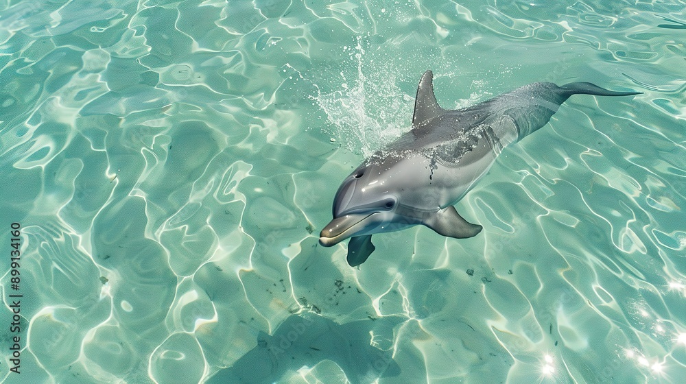 Fototapeta premium a jumping dolphin in pristine, crystal clear waters.