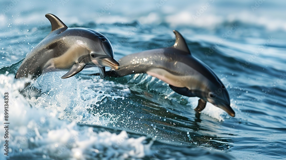 Obraz premium A couple of dolphins can be seen swimming in the ocean, gracefully moving through the waves with playful leaps and dives. One of the dolphins is also using its bottle nose to interact with its 