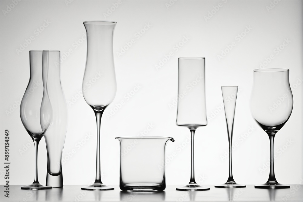 A minimalist composition of different glassware, emphasizing their transparency and form.