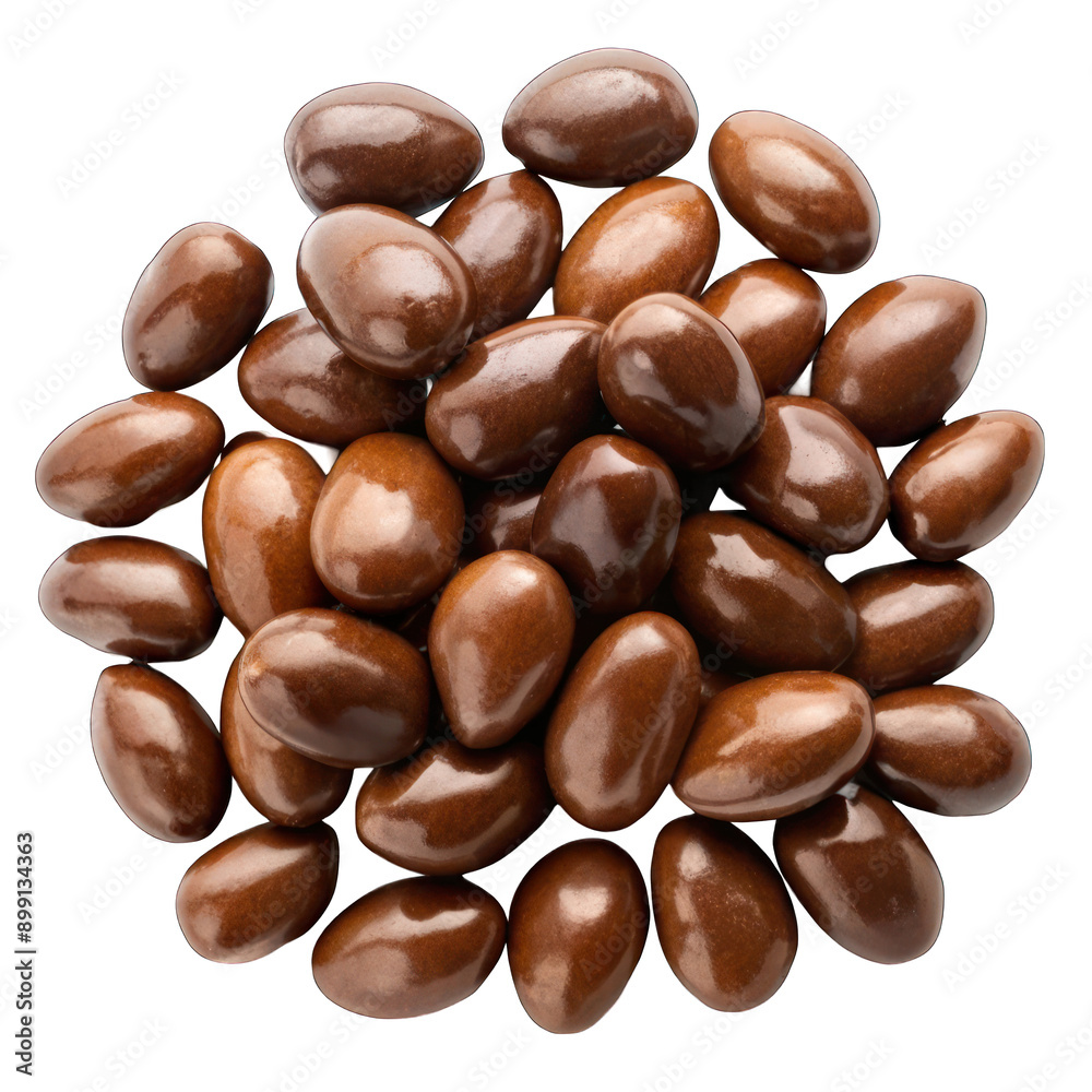 Chocolate covered almonds top view isolated on transparent background Chocolate covered almonds top view isolated on transparent background