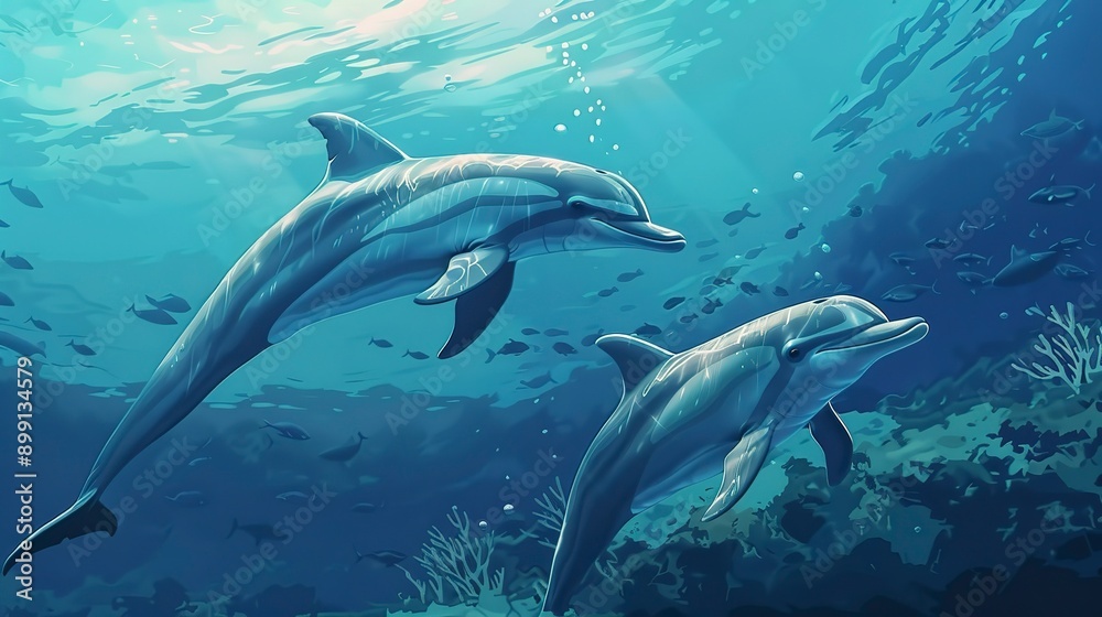 Fototapeta premium Dolphins swimming in the sea, marine life underwater. 