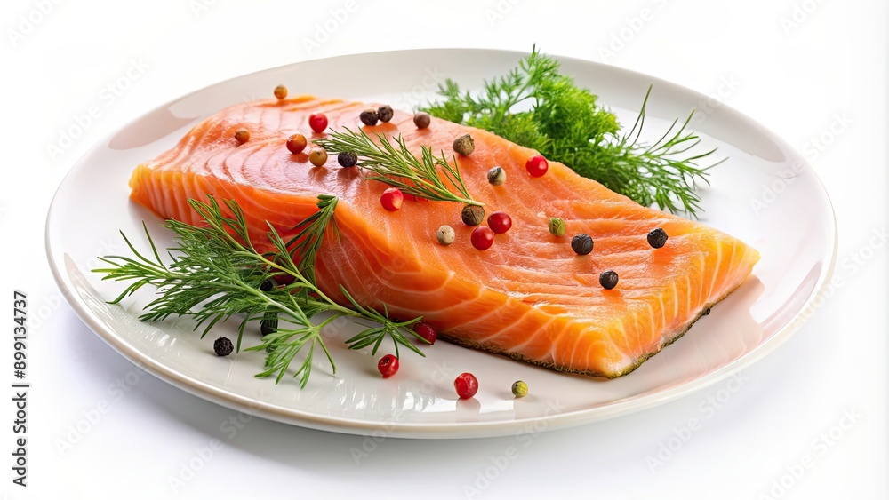 Isolated smoked salmon with dill and pepper on white plate, salmon, smoked, dill, pepper, isolated, white background Isolated smoked salmon with dill and pepper on white plate, salmon, smoked, dill, pepper, isolated, white background