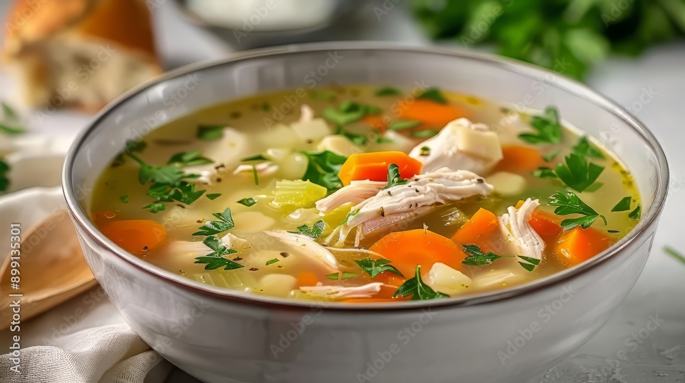 A Bowl of Homemade Chicken Noodle Soup with Parsley A Bowl of Homemade Chicken Noodle Soup with Parsley