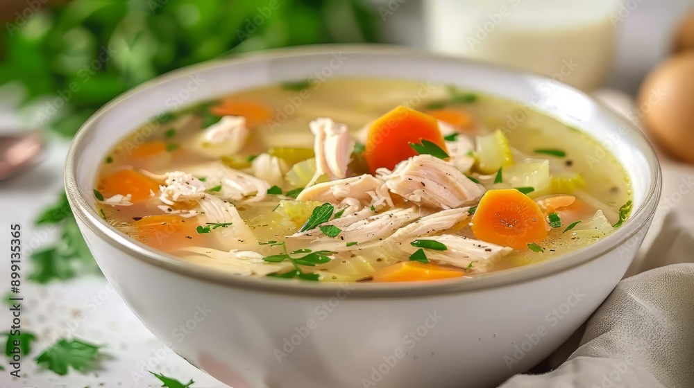 Bowl of Chicken Noodle Soup with Carrots and Parsley Bowl of Chicken Noodle Soup with Carrots and Parsley