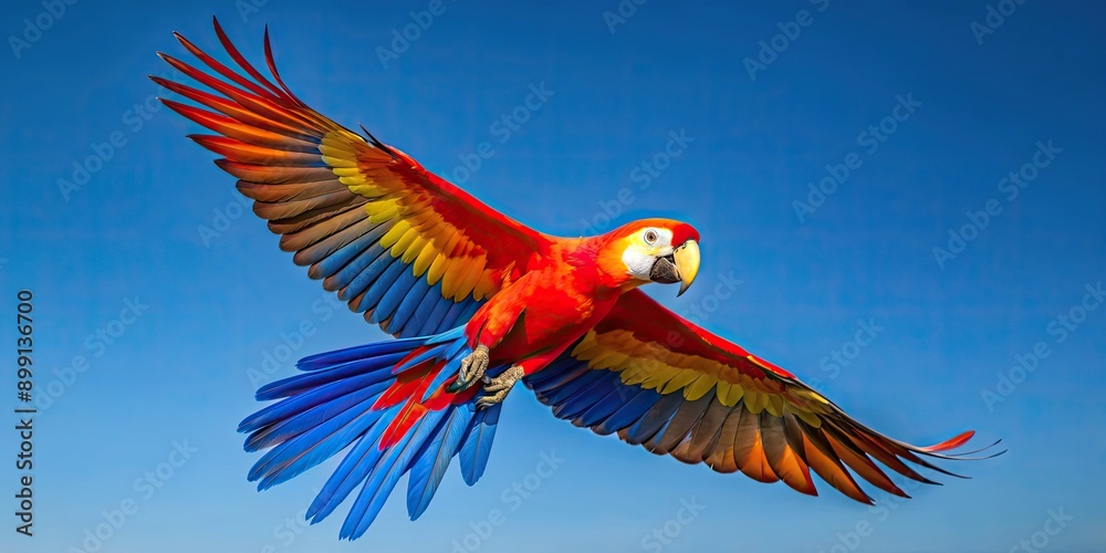 Fototapeta premium Scarlet Macaw flying gracefully against a clear blue sky, Scarlet Macaw, bird, wings, colorful, tropical, exotic, wildlife