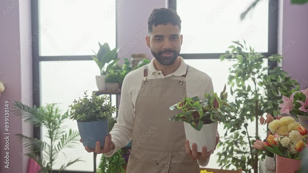 A smiling young hispanic man holds two potted plants in a bright flower shop.