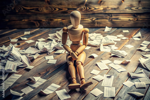 A worn wooden dummy sits alone, surrounded by chaotic notes and scattered papers, conveying feelings of anxiety, obsessive thinking, and overwhelming mental distress. photo