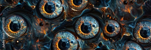 abstract kaleidoscope of eerie eyeballs peering out of the darkness photo