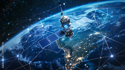 View of Earth from space, showing a satellite with AI overseeing a network of bright lines and dots, representing global communication and internet connectivity. photo