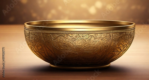 A digital illustration of a Vastu brass bowl, symbolizing abundance and purity, with intricate designs and a polished surface, with space for text. photo