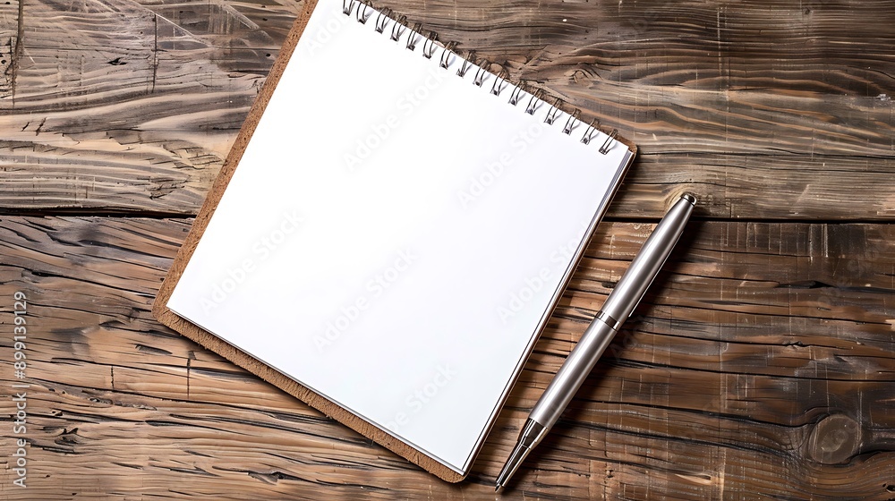 Fototapeta premium A notepad with a blank sheet of paper and a pen next to it on the table