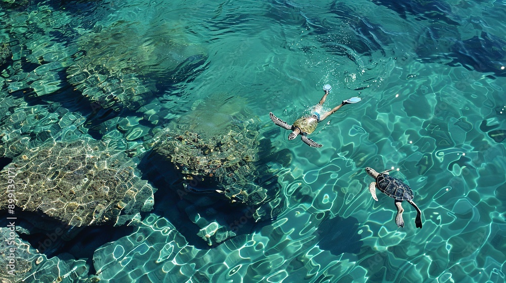 Fototapeta premium Men snorkeling in crystal clear water with a turtle