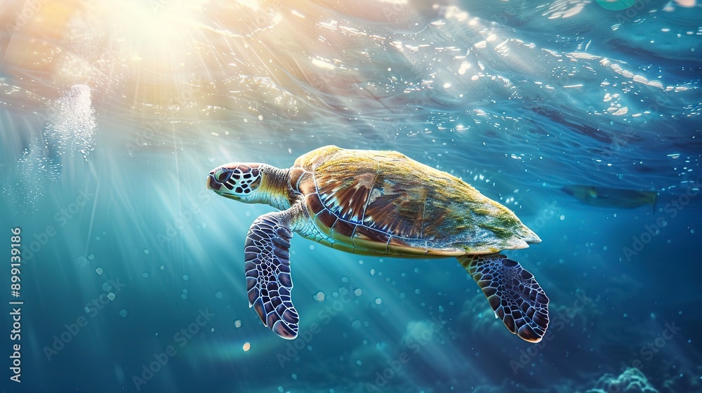 Fototapeta premium A Hawaiian green sea turtle swims on the surface of the Pacific Ocean in Hawaii. Marine life, wildlife concepts. 