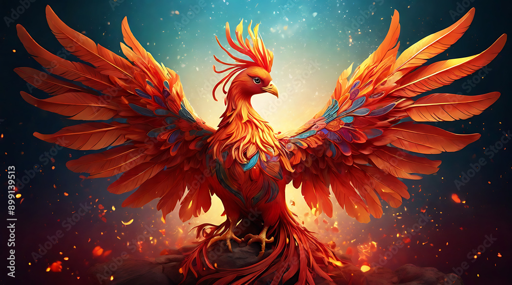 Obraz premium A digital illustration of a Feng Shui phoenix, symbolizing rebirth and renewal, with vibrant feathers and a fiery presence, with space for text.