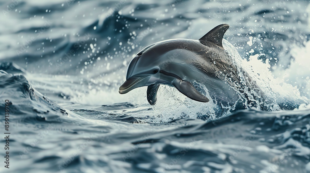 Obraz premium Bottlenose dolphin jumping out of the sea, water splashing over the surface 