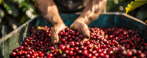 Closeup of hands harvesting coffee cherries, rich colors and natural textures, Coffee harvesting, authentic farm work