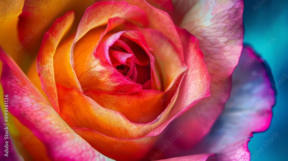 Close-up of a Pink, Yellow, and Orange Rose with Blue Background Close-up of a Pink, Yellow, and Orange Rose with Blue Background