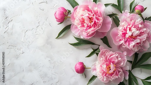Fototapeta Naklejka Na Ścianę i Meble -  Beautiful pink peony flowers on white stone table with copy space for your text top view and flat lay style