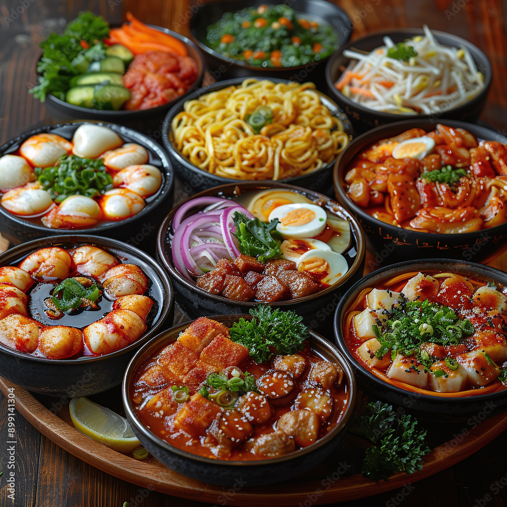 A table full of Asian food with a variety of dishes including noodles, meat A table full of Asian food with a variety of dishes including noodles, meat