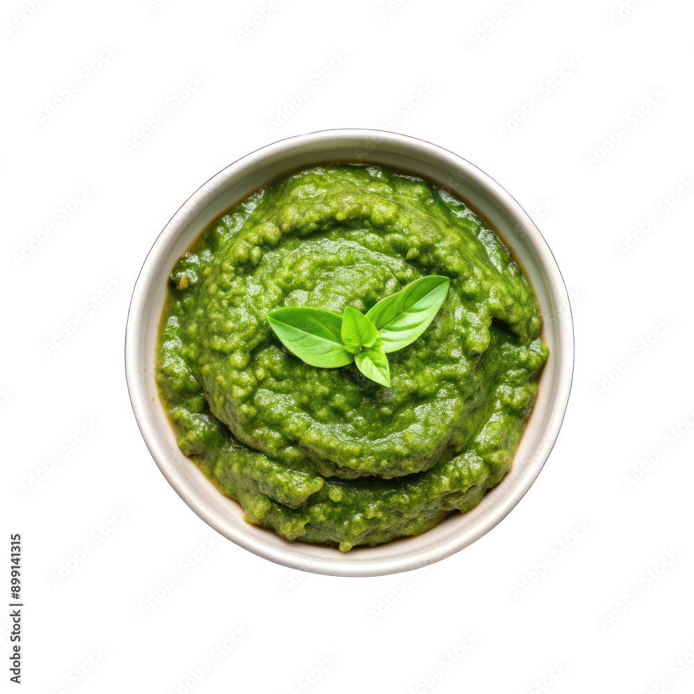 Fresh green spinach and basil pesto in a bowl top view isolated on transparent background Fresh green spinach and basil pesto in a bowl top view isolated on transparent background