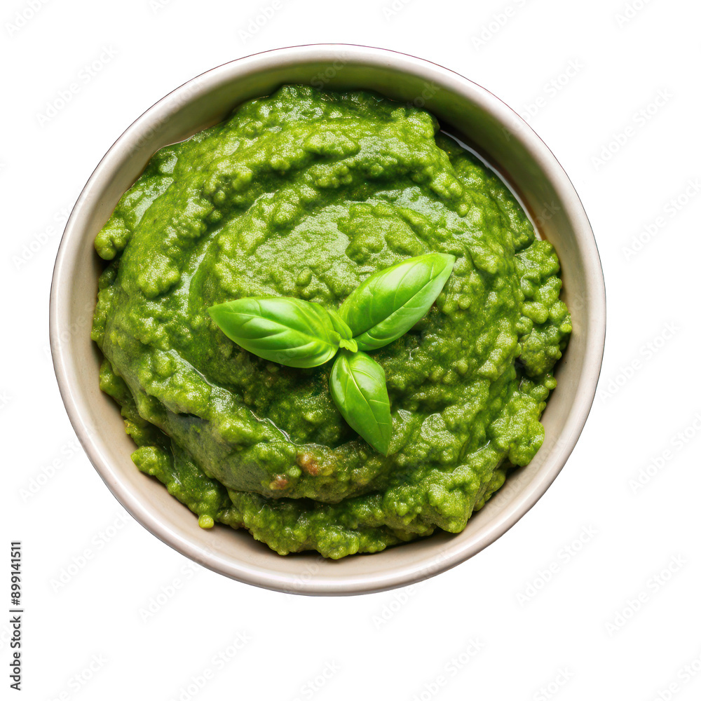 Fresh green spinach and basil pesto in a bowl top view isolated on transparent background Fresh green spinach and basil pesto in a bowl top view isolated on transparent background