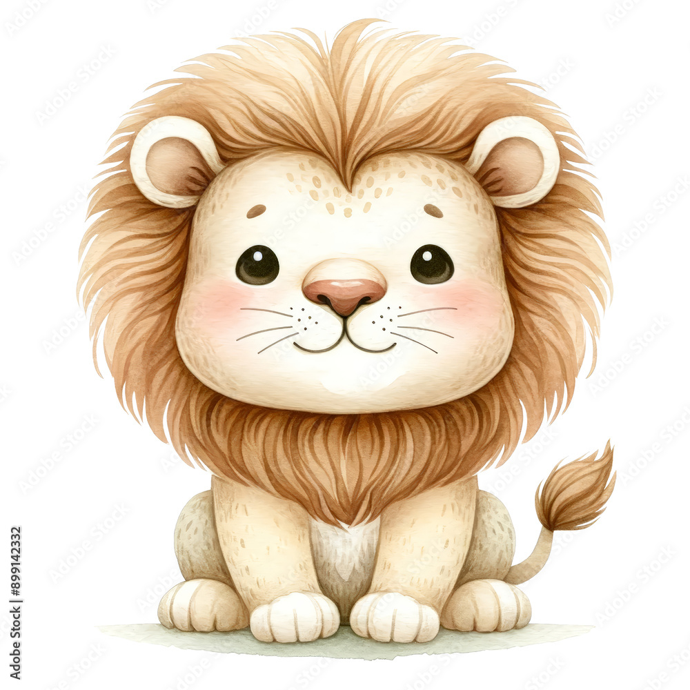 Naklejka premium Adorable cartoon lion cub with a fluffy mane, showcasing a cute and endearing art style, perfect for children's designs and illustrations isolated on white or transparent png background.