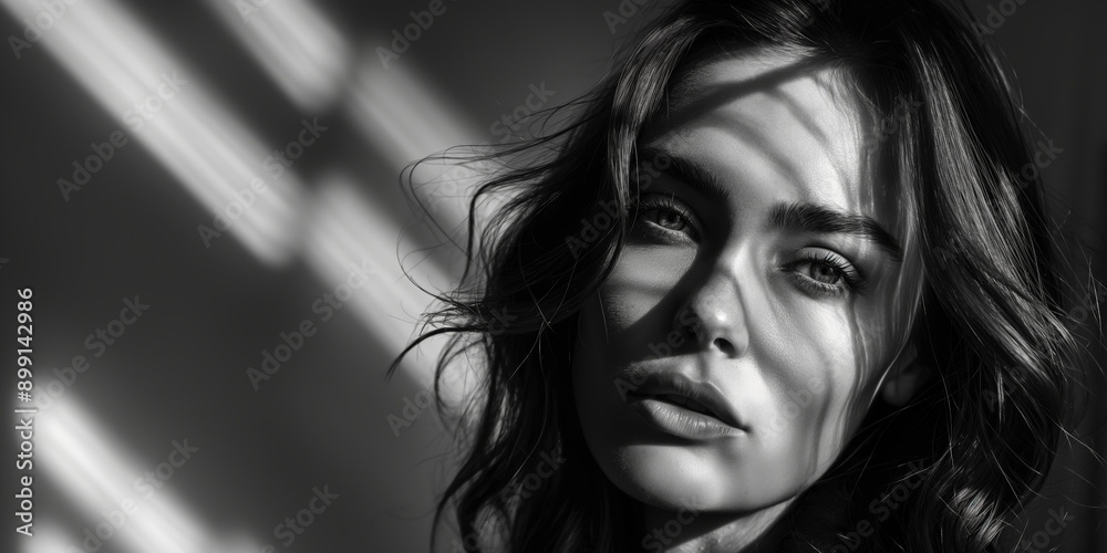 Dramatic Black and White Portrait of a Woman with Light and Shadow Patterns Dramatic Black and White Portrait of a Woman with Light and Shadow Patterns