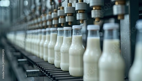 Milk bottles filling line in a dairy product factory plant