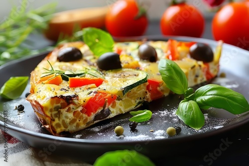 Slice of Vegetable Frittata on a Black Plate with Basil Garnish