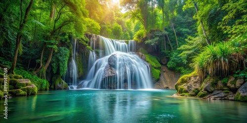 Serene waterfall flowing in a lush forest setting, waterfall, forest, nature, serene, tranquil, stream, flowing water, trees