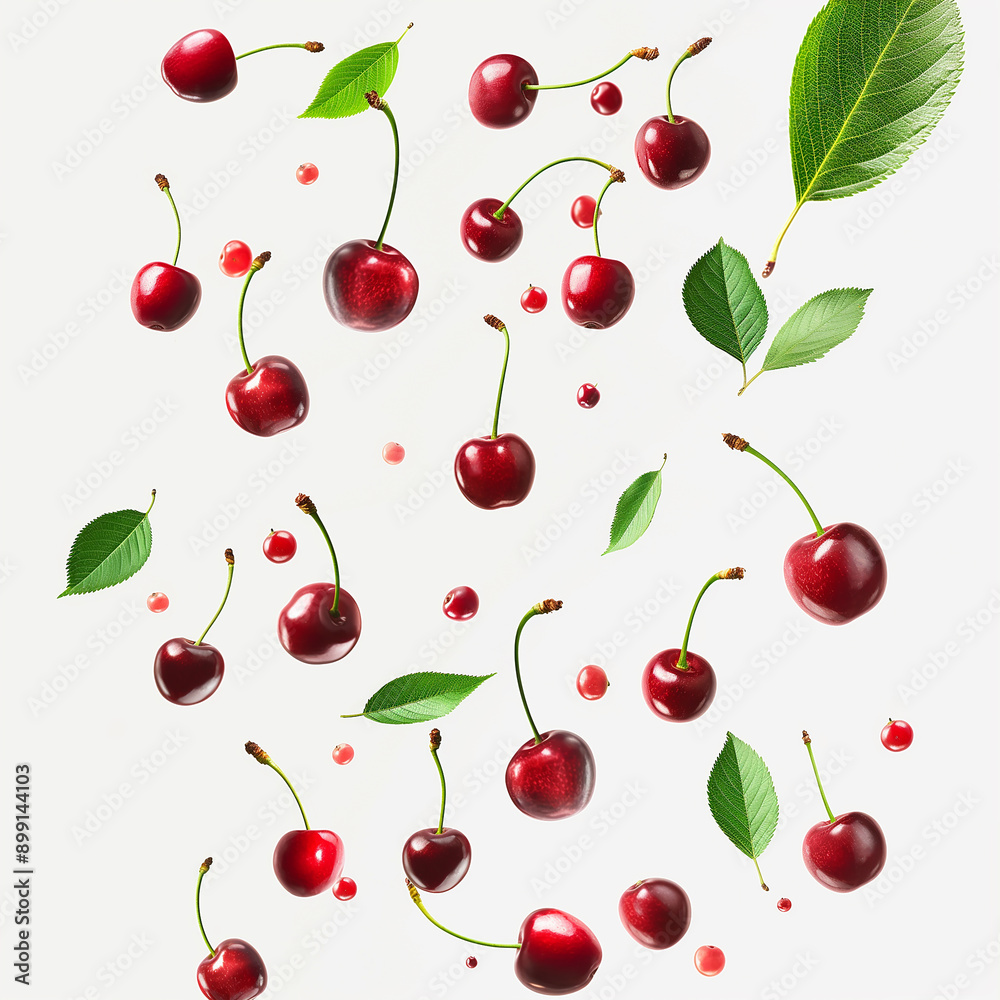Charry with half slices falling on a white background Charry with half slices falling on a white background
