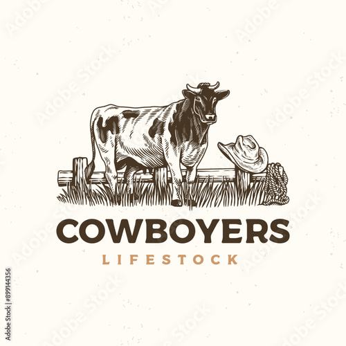Vintage handdrawn livestock hereford cow buffalo cattle classic farm ranch for meat butchery logo design vector