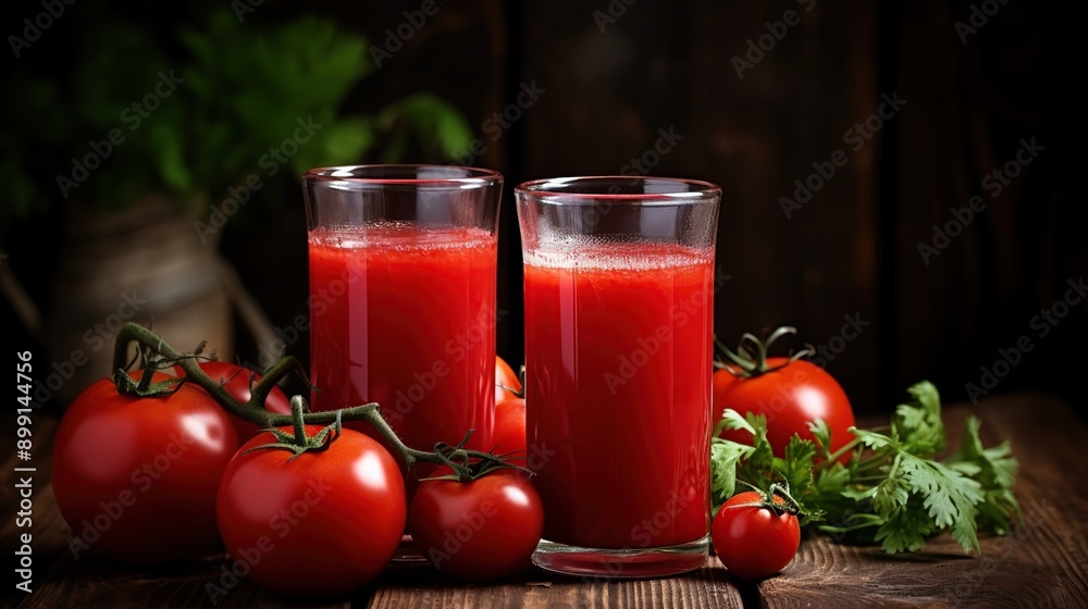 Two Glasses of Fresh Tomato Juice with Tomatoes and Parsley Two Glasses of Fresh Tomato Juice with Tomatoes and Parsley