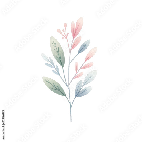 Elegant hand-drawn botanical illustration with pastel colors and delicate leaves, perfect for design projects, invitations, and decor isolated on white or transparent png background.