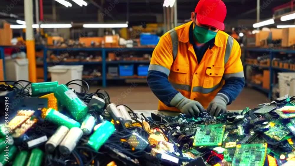 The video shows a man wearing a yellow jumpsuit, red hat, and face mask sorting through a pile of electronic waste, including batteries and circuit boards.