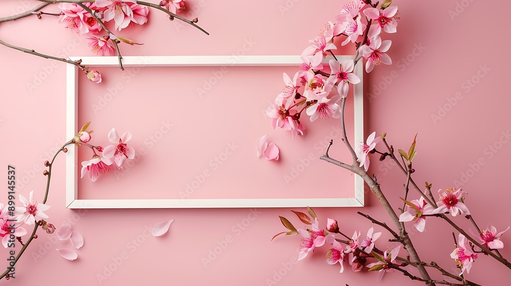 Fototapeta premium Blank wooden frame with flower blossoms on pink background
