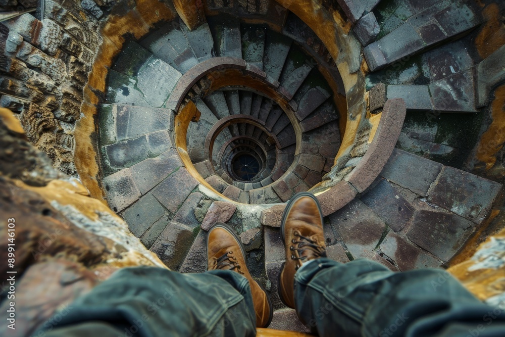 Fototapeta premium Looking Down a Winding Stone Staircase.