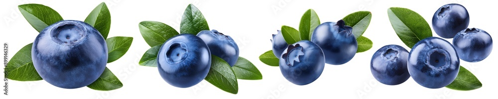 Obraz premium Set of Fresh Blueberries with Leaves collection cut out transparent isolated on white background PNG