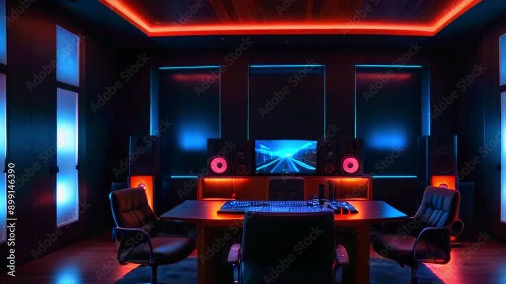 The video shows a dark room with red and blue lighting, a large desk with a computer, two chairs, and speakers on the wall.