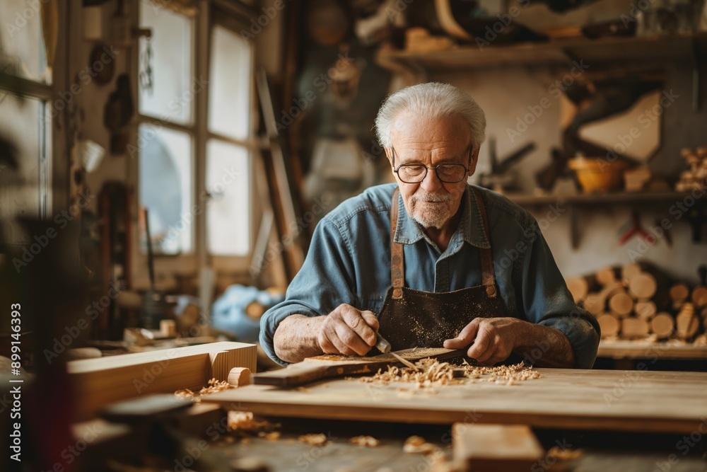 Elderly man woodworking in workshop, senior craftsman creating wood piece, artisanal woodcarving, elderly activity concept Elderly man woodworking in workshop, senior craftsman creating wood piece, artisanal woodcarving, elderly activity concept