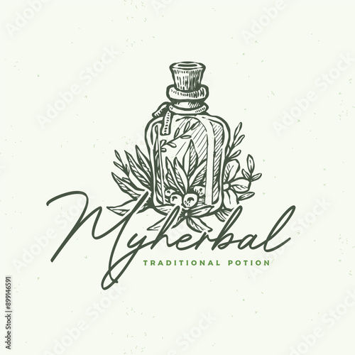 Vector of the potion bottle herb with some flower and olive arround it for herb and healthcare logo design